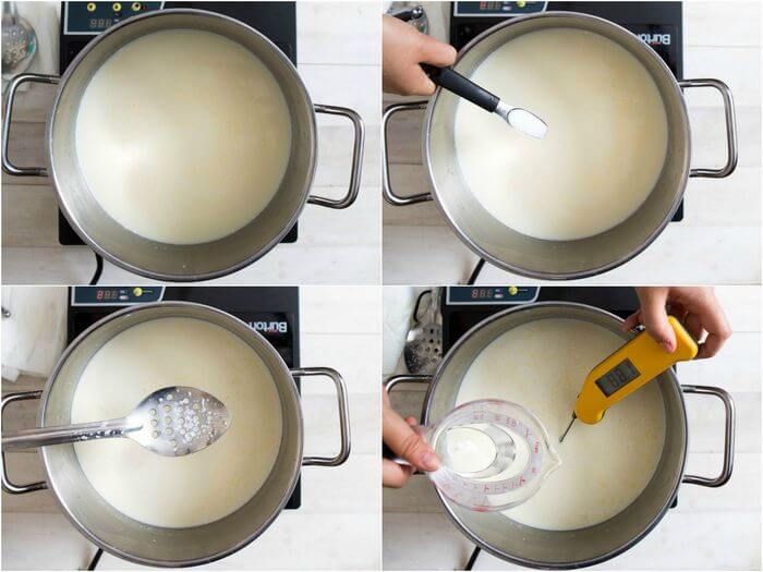 Приготовление моцареллы в домашних условиях: нагревание молока, внесение закваски и коагулянта.