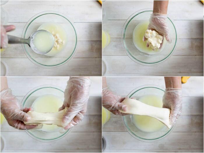 Пошаговый процесс pasta filata при приготовлении сыра моцарелла.